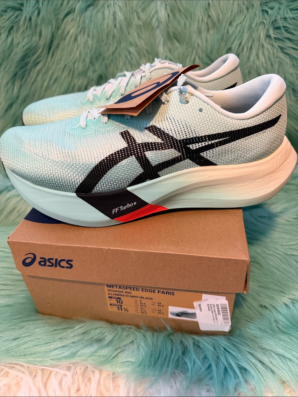 NIB ASICS Mint/Black Mens 10/Women's 11.5 Metaspeed Edge Paris Running Shoes